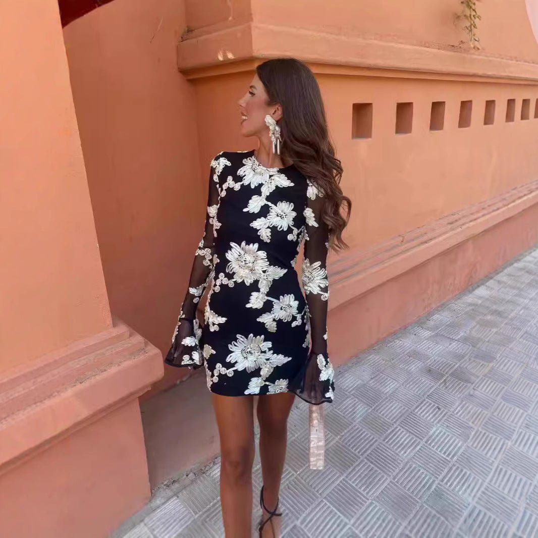 Floral Bell Sleeve Mesh Mini Dress For Women High Waist Long Sleeve Party Club Wear by null
