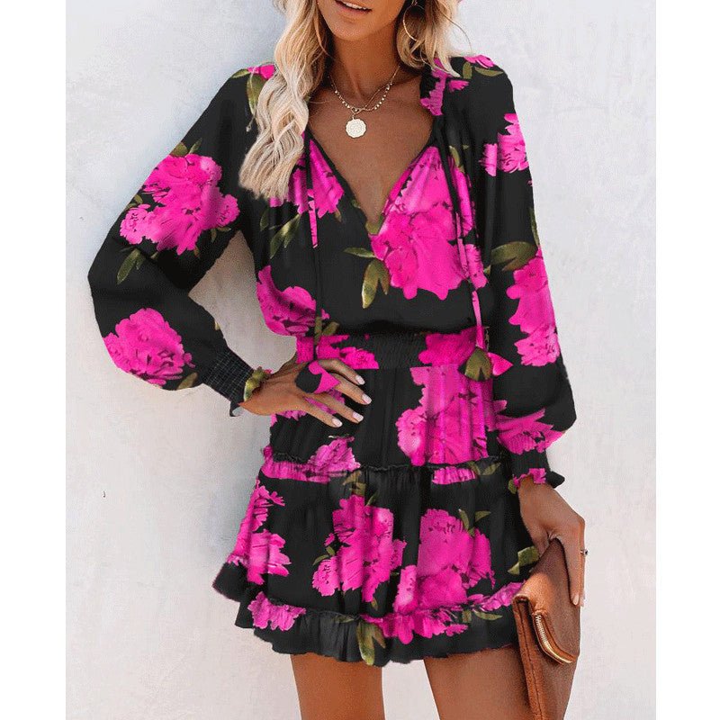 Flowers Print Long Sleeve Dress Fashion Patchwork Puff Sleeve Waist Dresses Womens Clothing by null