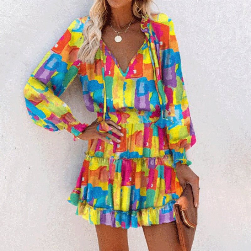 Flowers Print Long Sleeve Dress Fashion Patchwork Puff Sleeve Waist Dresses Womens Clothing by null