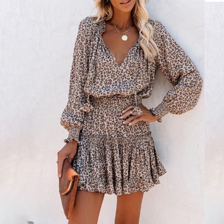 Flowers Print Long Sleeve Dress Fashion Patchwork Puff Sleeve Waist Dresses Womens Clothing by null