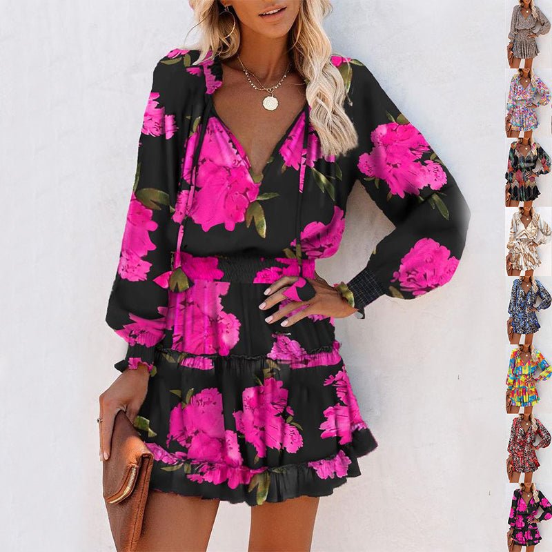 Flowers Print Long Sleeve Dress Fashion Patchwork Puff Sleeve Waist Dresses Womens Clothing by null