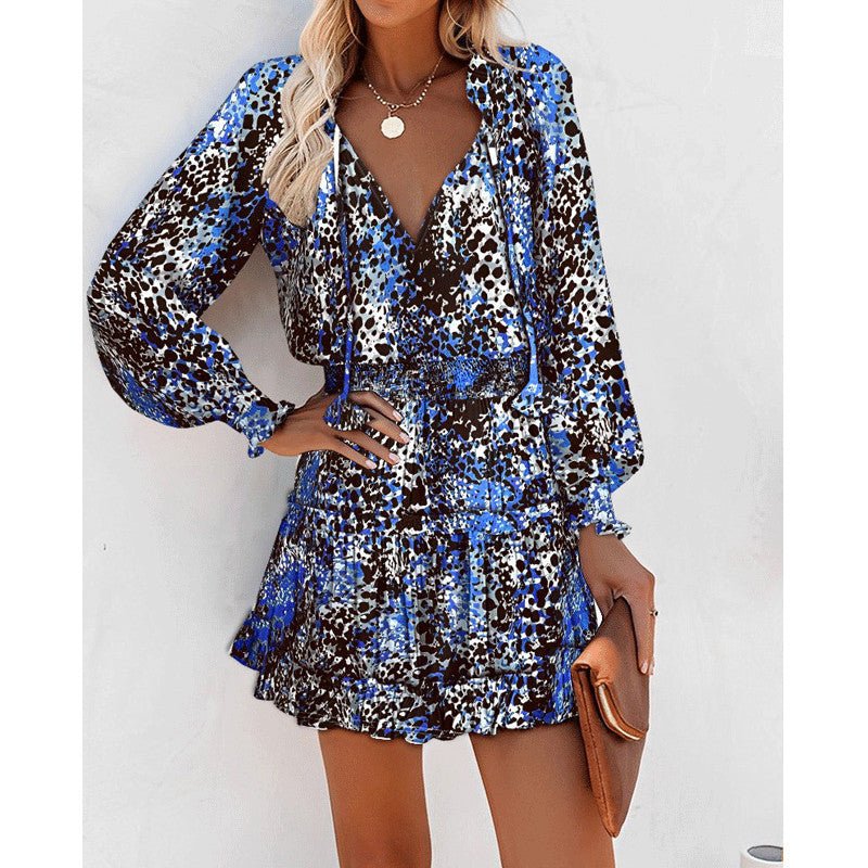 Flowers Print Long Sleeve Dress Fashion Patchwork Puff Sleeve Waist Dresses Womens Clothing by null