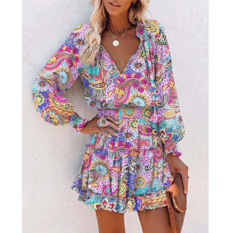 Flowers Print Long Sleeve Dress Fashion Patchwork Puff Sleeve Waist Dresses Womens Clothing by null