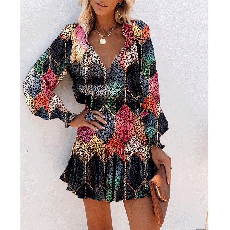 Flowers Print Long Sleeve Dress Fashion Patchwork Puff Sleeve Waist Dresses Womens Clothing by null