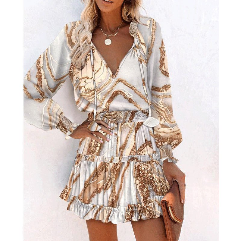 Flowers Print Long Sleeve Dress Fashion Patchwork Puff Sleeve Waist Dresses Womens Clothing by null