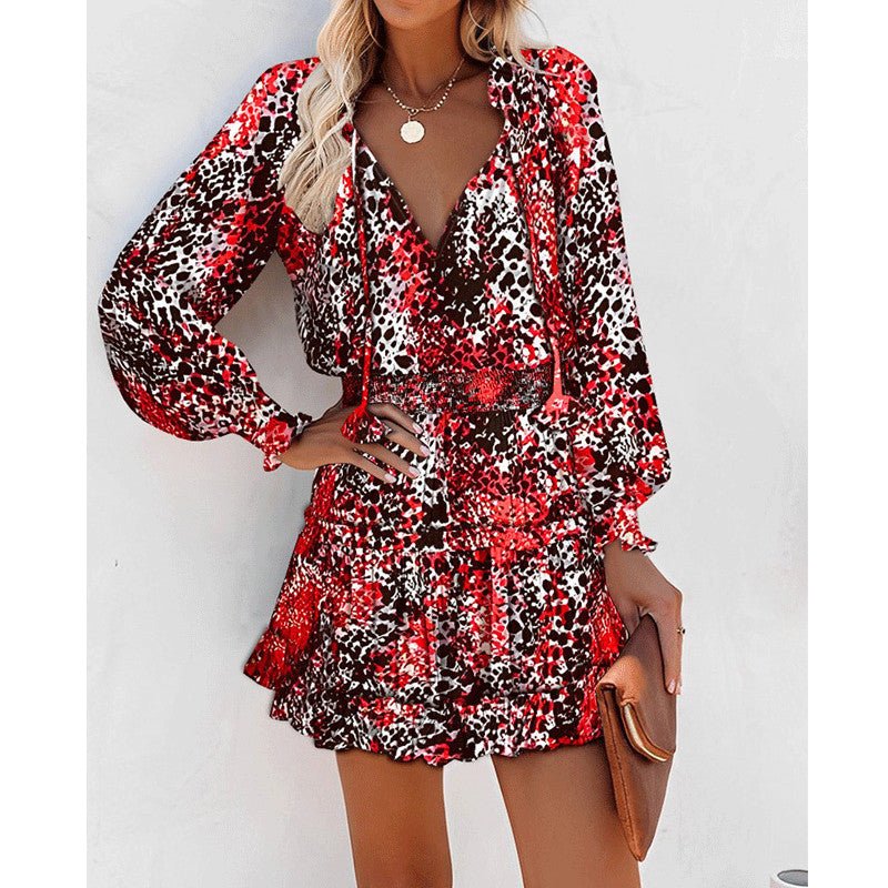 Flowers Print Long Sleeve Dress Fashion Patchwork Puff Sleeve Waist Dresses Womens Clothing by null