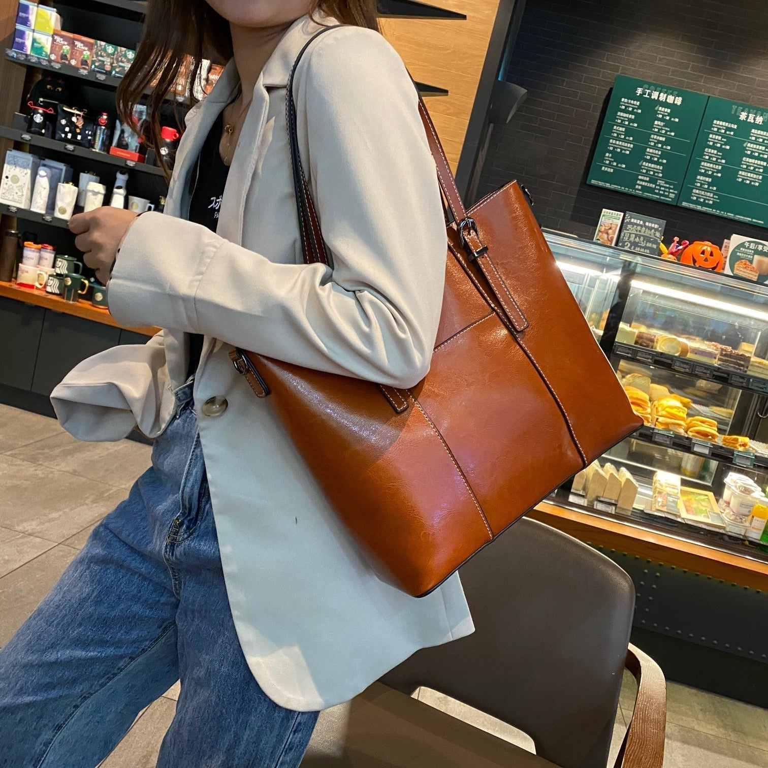 Genuine Cowhide Leather Messenger Tote Handbag - DLC MARKET