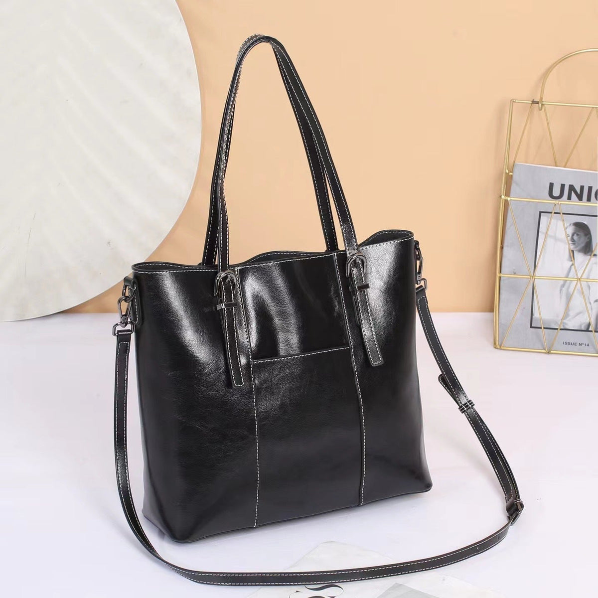 Genuine Cowhide Leather Messenger Tote Handbag - DLC MARKET