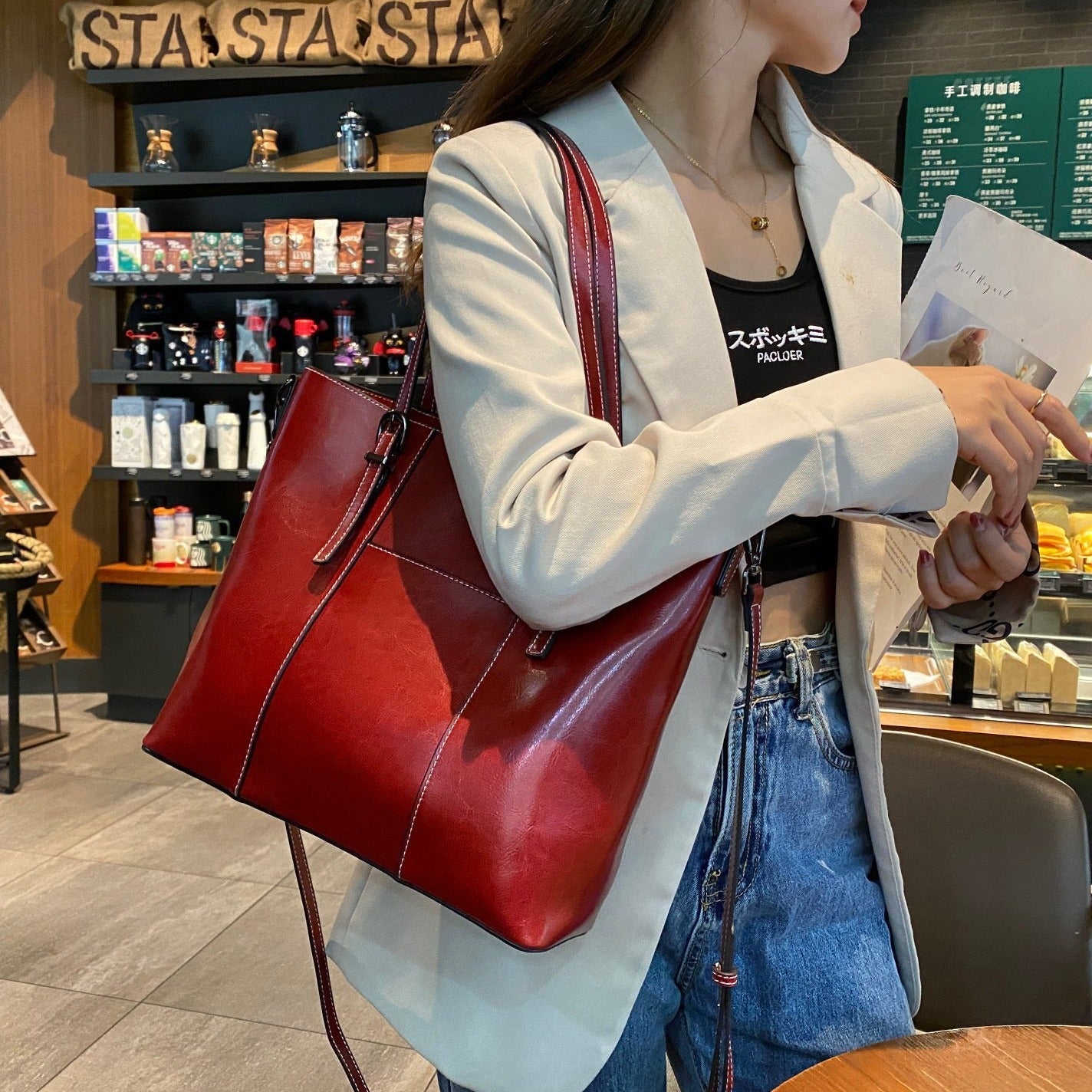 Genuine Cowhide Leather Messenger Tote Handbag - DLC MARKET