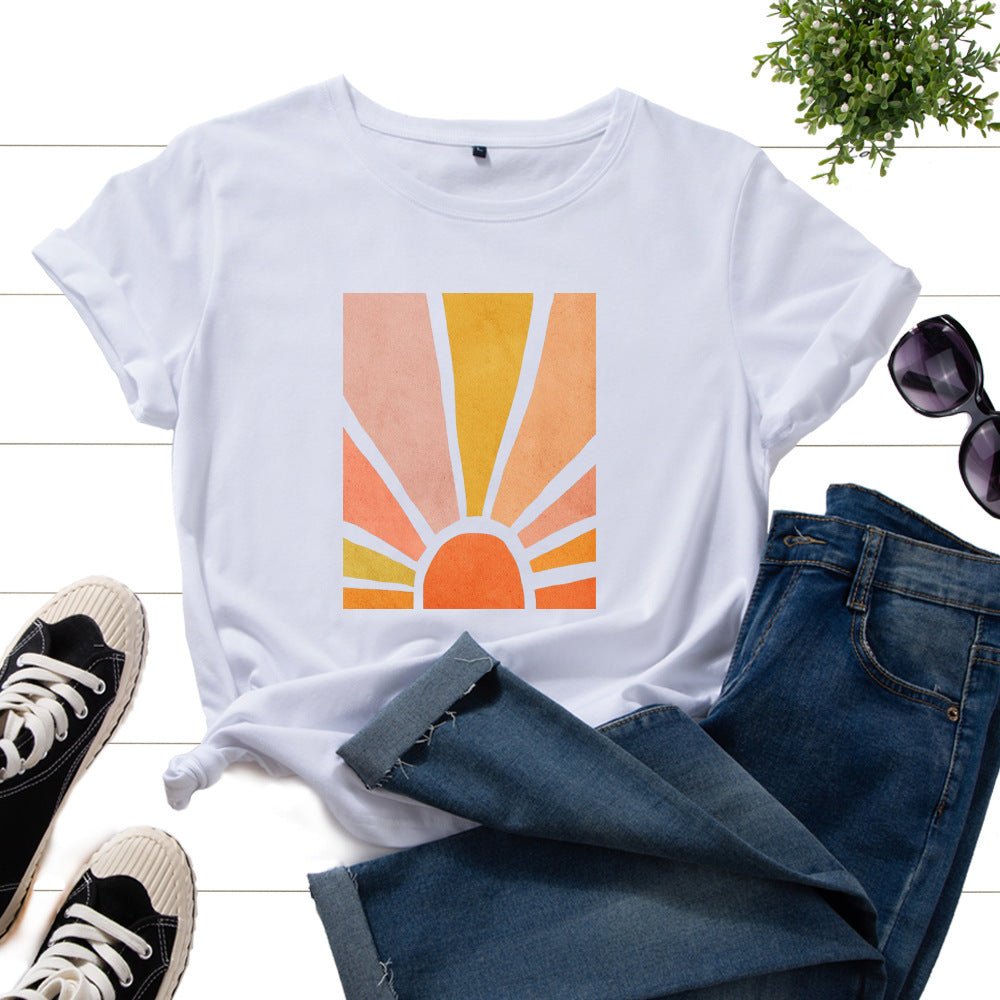 Graphic Tee for Women Cotton Print T Shirts Short Sleeve Crew Neck Summer Tops Female Clothes Splendid Sun Scenery Flower Top by null