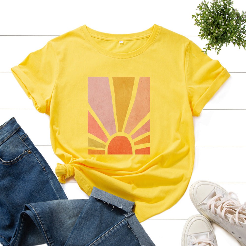 Graphic Tee for Women Cotton Print T Shirts Short Sleeve Crew Neck Summer Tops Female Clothes Splendid Sun Scenery Flower Top by null