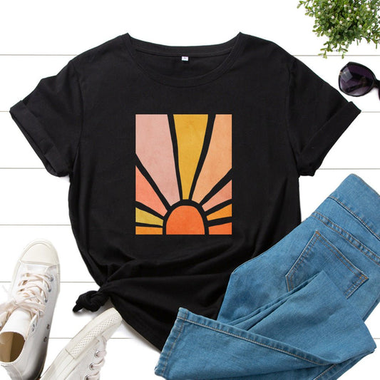 Graphic Tee for Women Cotton Print T Shirts Short Sleeve Crew Neck Summer Tops Female Clothes Splendid Sun Scenery Flower Top by null