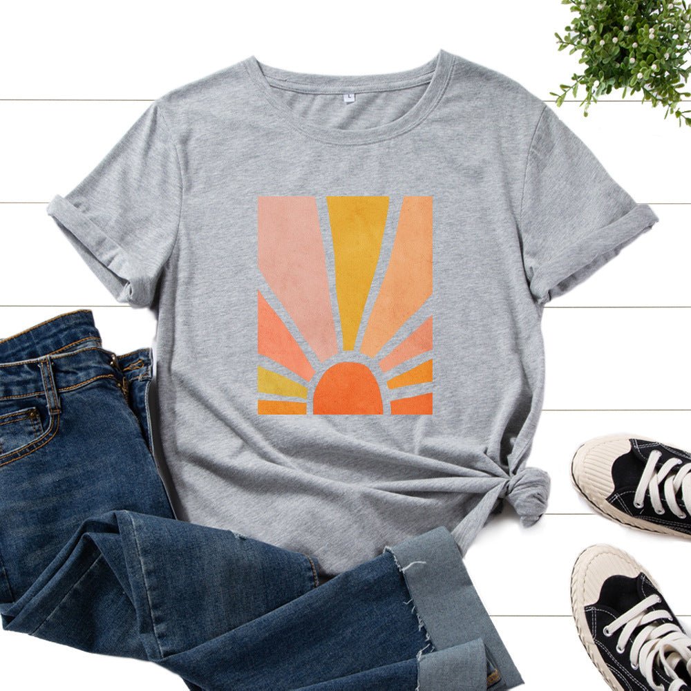 Graphic Tee for Women Cotton Print T Shirts Short Sleeve Crew Neck Summer Tops Female Clothes Splendid Sun Scenery Flower Top by null