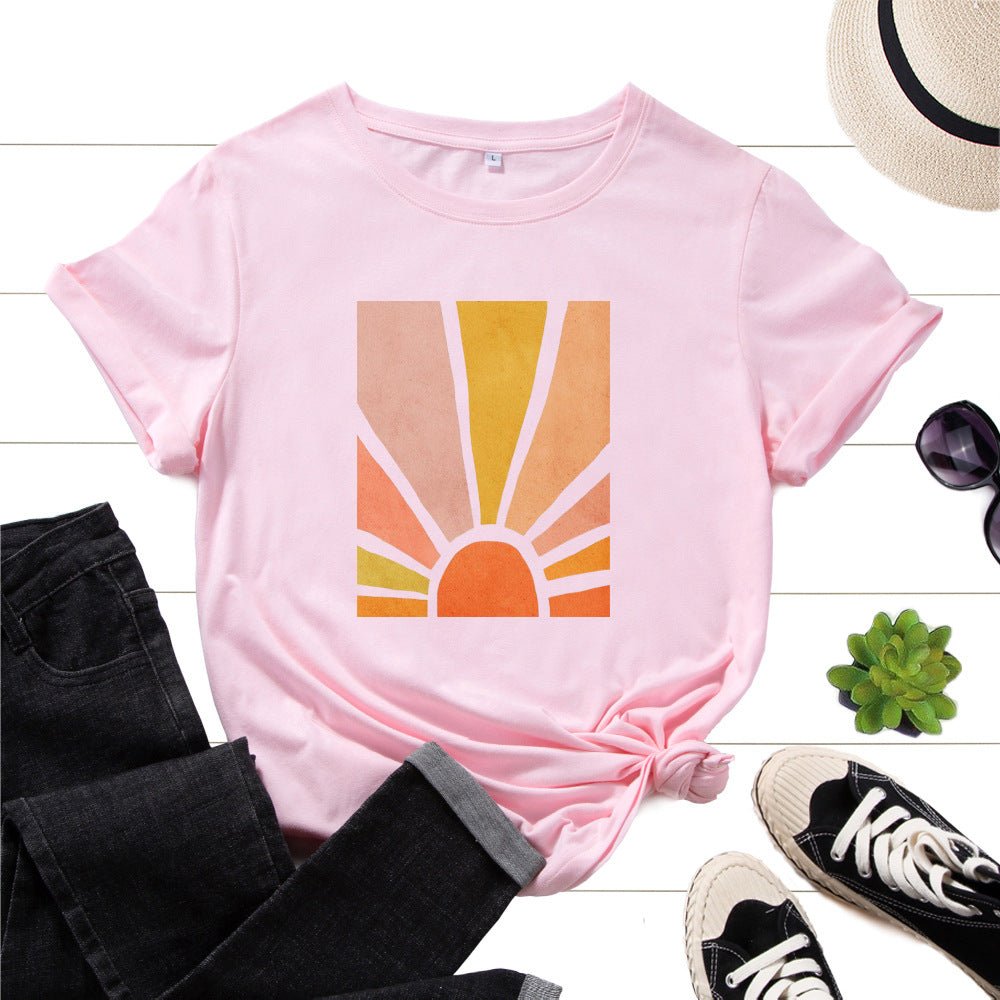 Graphic Tee for Women Cotton Print T Shirts Short Sleeve Crew Neck Summer Tops Female Clothes Splendid Sun Scenery Flower Top by null
