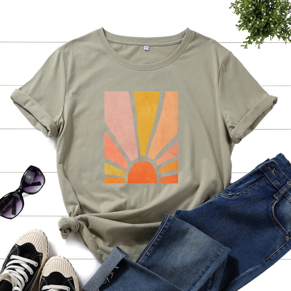 Graphic Tee for Women Cotton Print T Shirts Short Sleeve Crew Neck Summer Tops Female Clothes Splendid Sun Scenery Flower Top by null