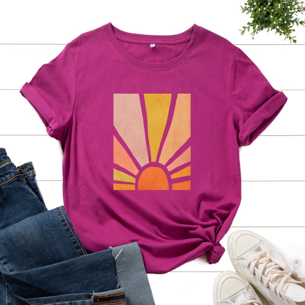 Graphic Tee for Women Cotton Print T Shirts Short Sleeve Crew Neck Summer Tops Female Clothes Splendid Sun Scenery Flower Top by null