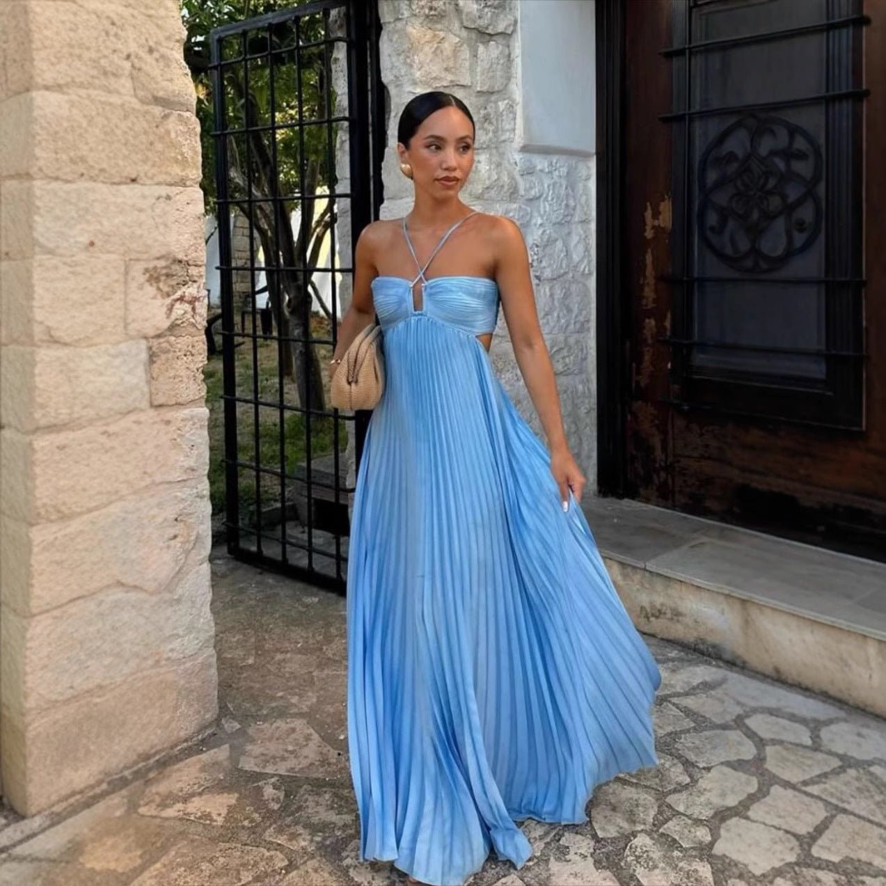 Ins Pleated Sleeveless Sling Dress Hollow High Waist Halter Robe Dresses For Evening Party Club Clothing Women by null