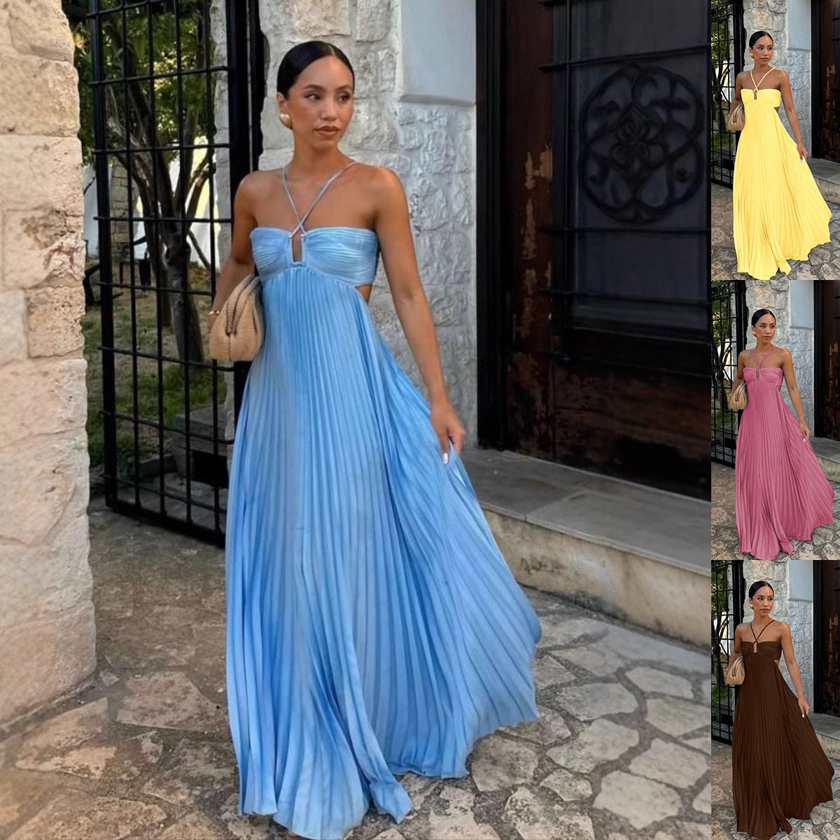 Ins Pleated Sleeveless Sling Dress Hollow High Waist Halter Robe Dresses For Evening Party Club Clothing Women by null