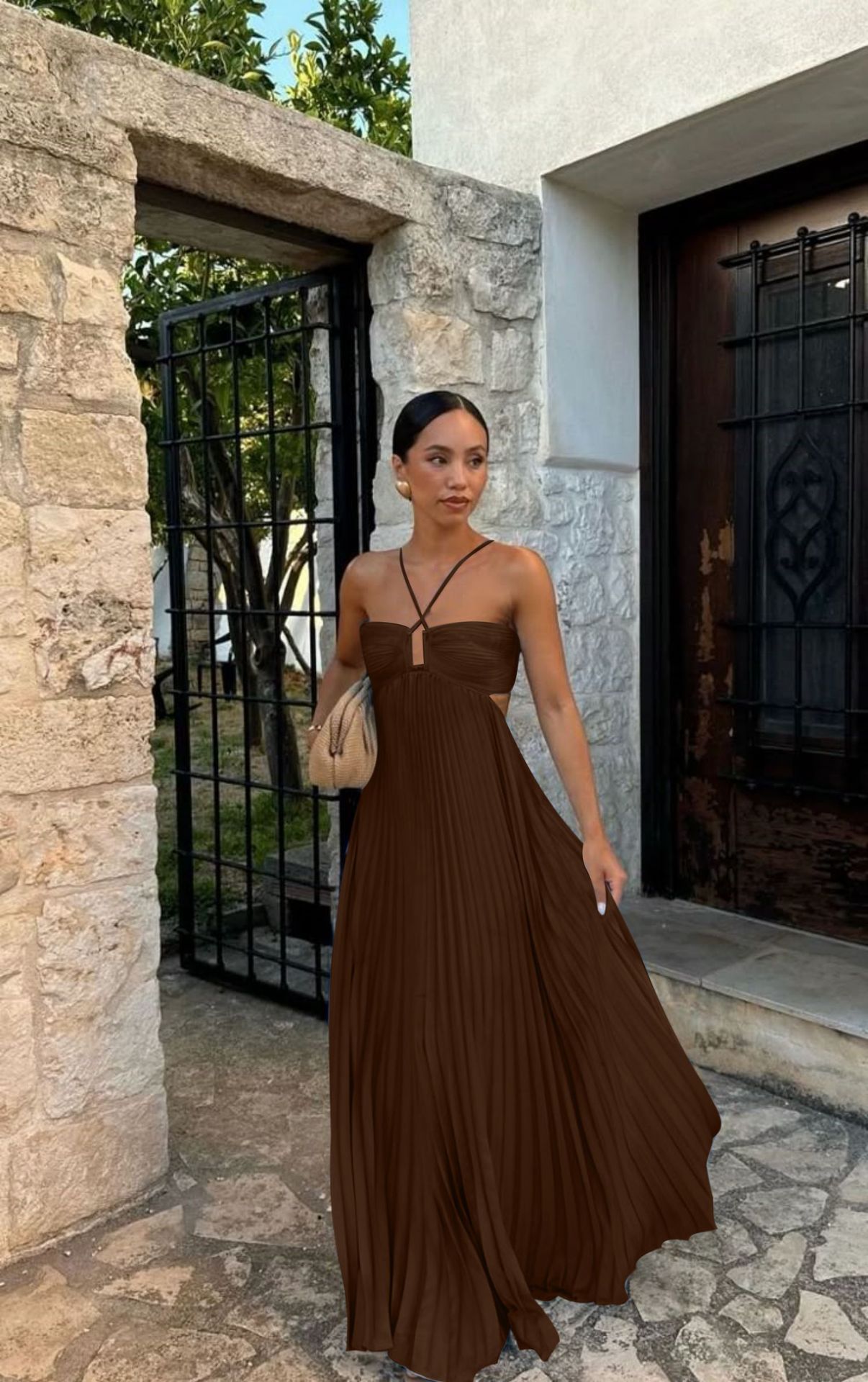Ins Pleated Sleeveless Sling Dress Hollow High Waist Halter Robe Dresses For Evening Party Club Clothing Women by null