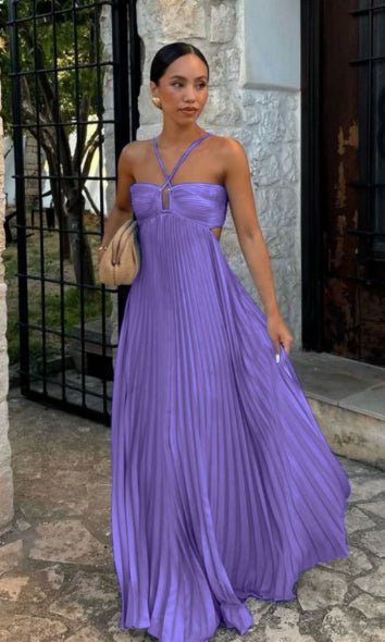 Ins Pleated Sleeveless Sling Dress Hollow High Waist Halter Robe Dresses For Evening Party Club Clothing Women by null