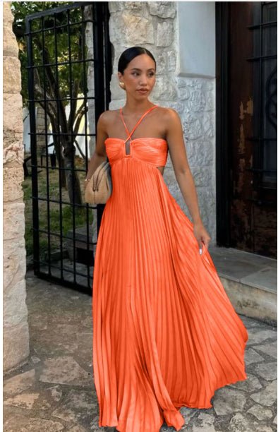 Ins Pleated Sleeveless Sling Dress Hollow High Waist Halter Robe Dresses For Evening Party Club Clothing Women by null