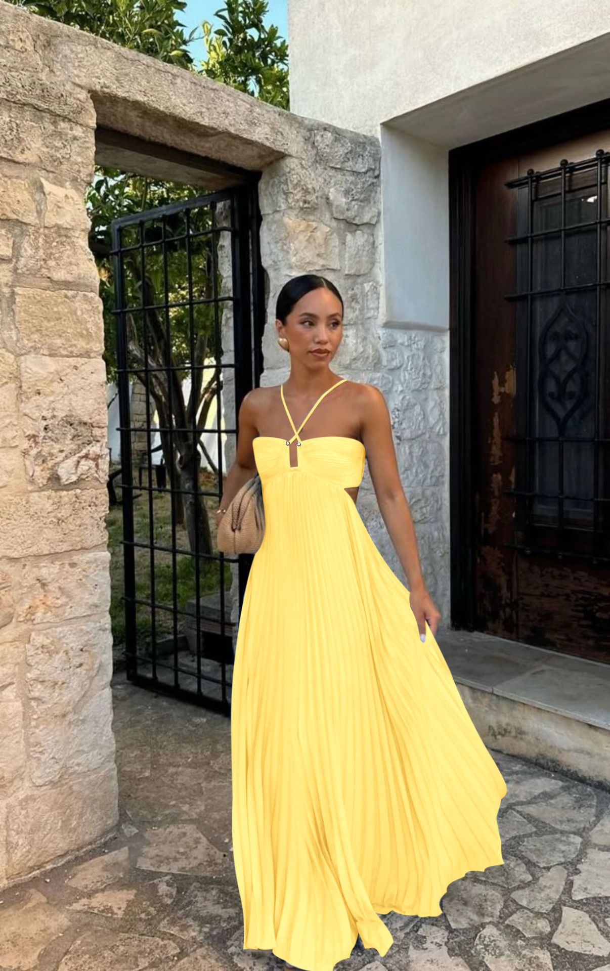 Ins Pleated Sleeveless Sling Dress Hollow High Waist Halter Robe Dresses For Evening Party Club Clothing Women by null