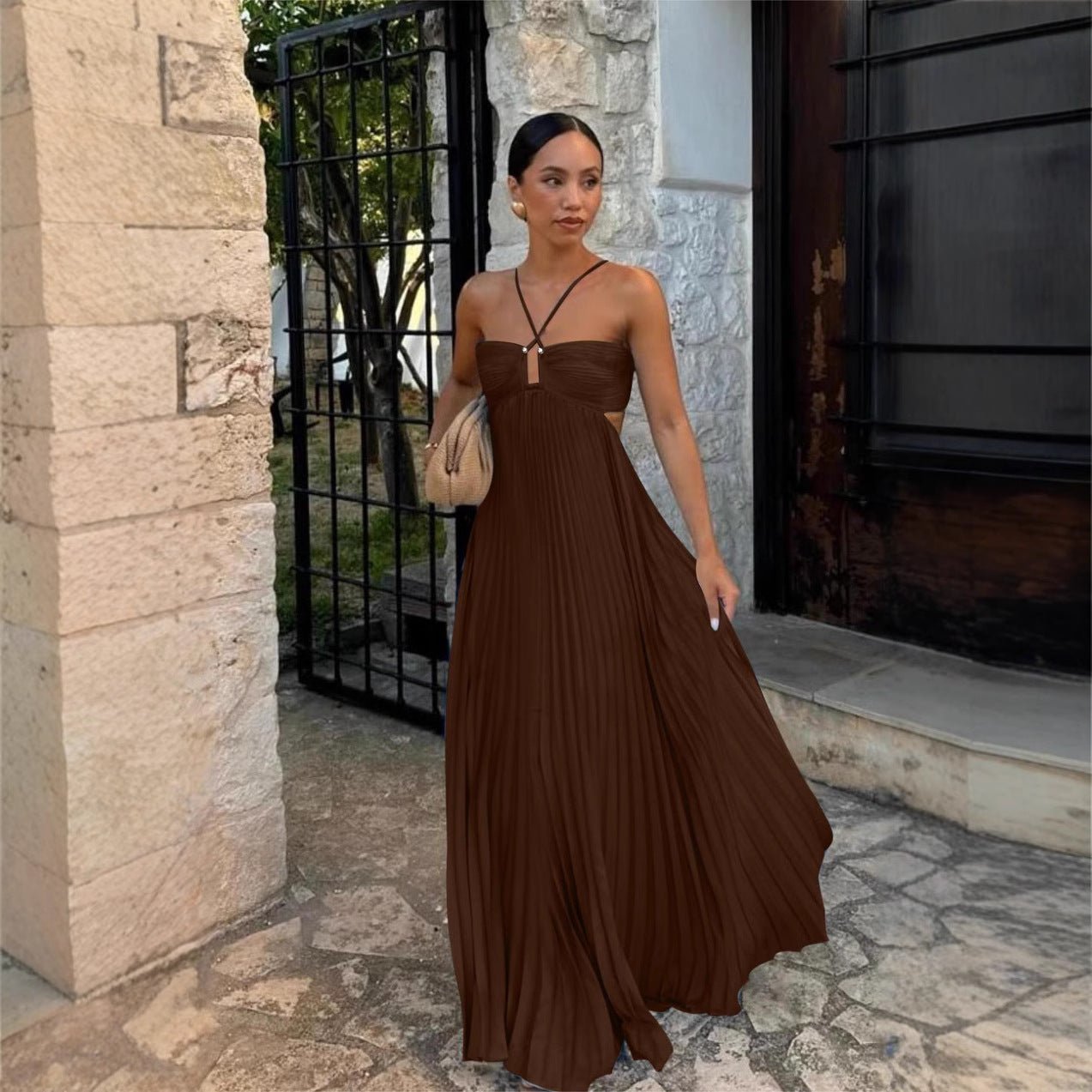 Ins Pleated Sleeveless Sling Dress Hollow High Waist Halter Robe Dresses For Evening Party Club Clothing Women by null