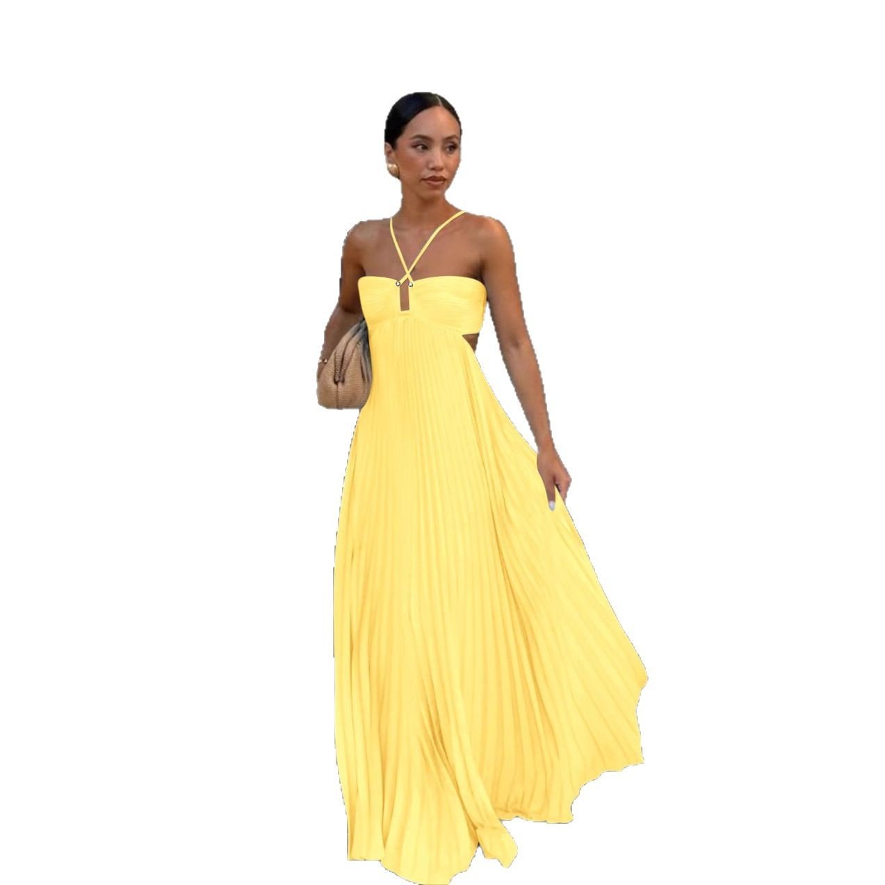 Ins Pleated Sleeveless Sling Dress Hollow High Waist Halter Robe Dresses For Evening Party Club Clothing Women by null