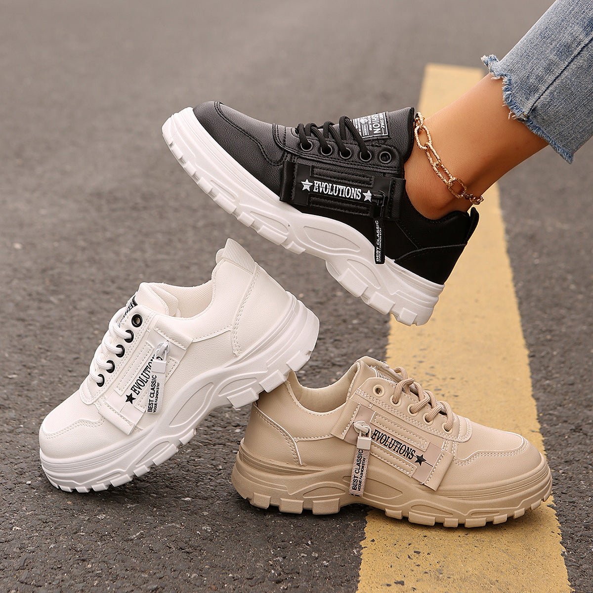 Lace-Up Side Zipper Sneakers Thick Sole - DLC MARKET