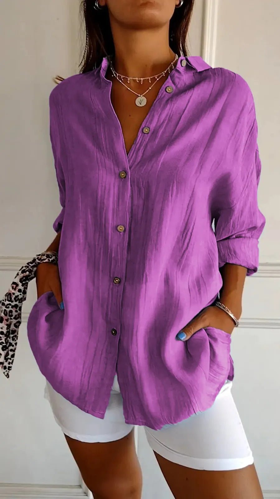 Lapel Long Sleeve Shirt Women's Single-breasted Pleated Shirt Tops Clothing by null