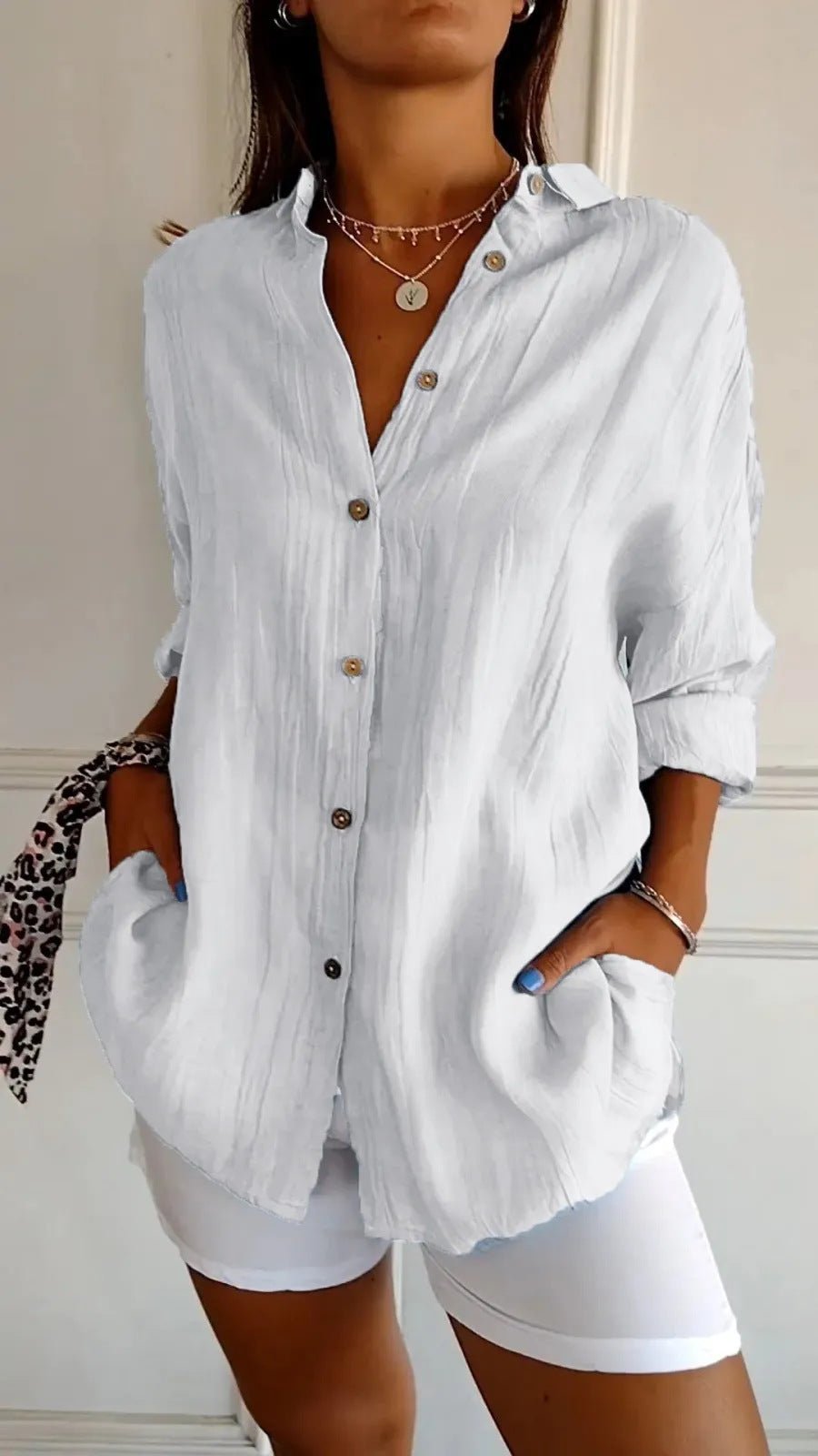 Lapel Long Sleeve Shirt Women's Single-breasted Pleated Shirt Tops Clothing by null