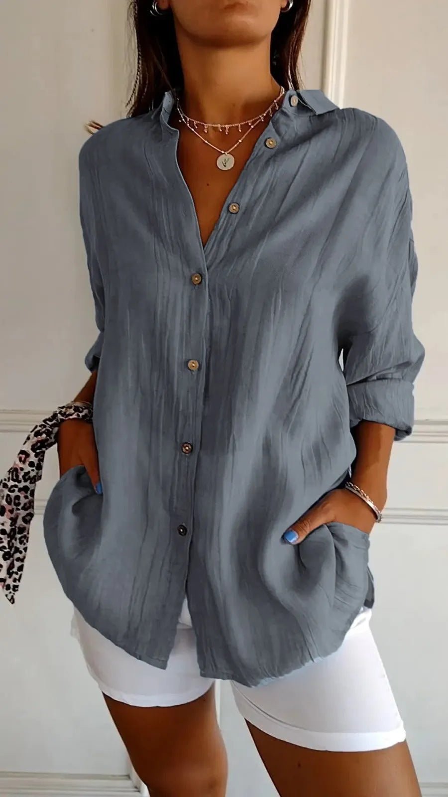 Lapel Long Sleeve Shirt Women's Single-breasted Pleated Shirt Tops Clothing by null