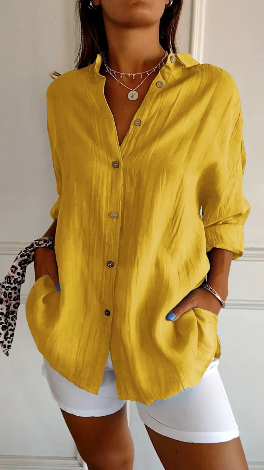 Lapel Long Sleeve Shirt Women's Single-breasted Pleated Shirt Tops Clothing by null