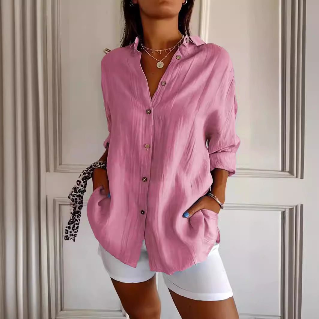 Lapel Long Sleeve Shirt Women's Single-breasted Pleated Shirt Tops Clothing by null