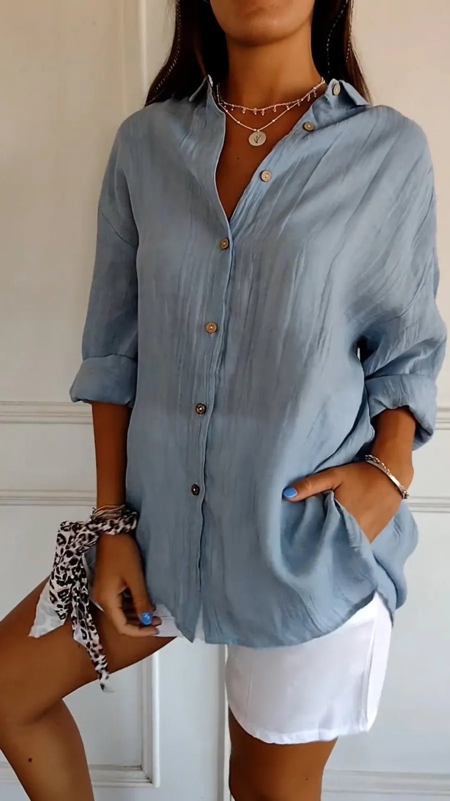Lapel Long Sleeve Shirt Women's Single-breasted Pleated Shirt Tops Clothing by null