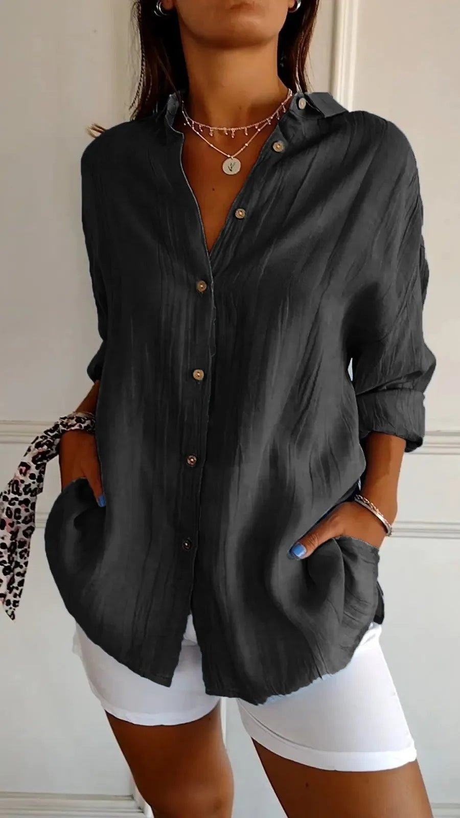 Lapel Long Sleeve Shirt Women's Single-breasted Pleated Shirt Tops Clothing by null