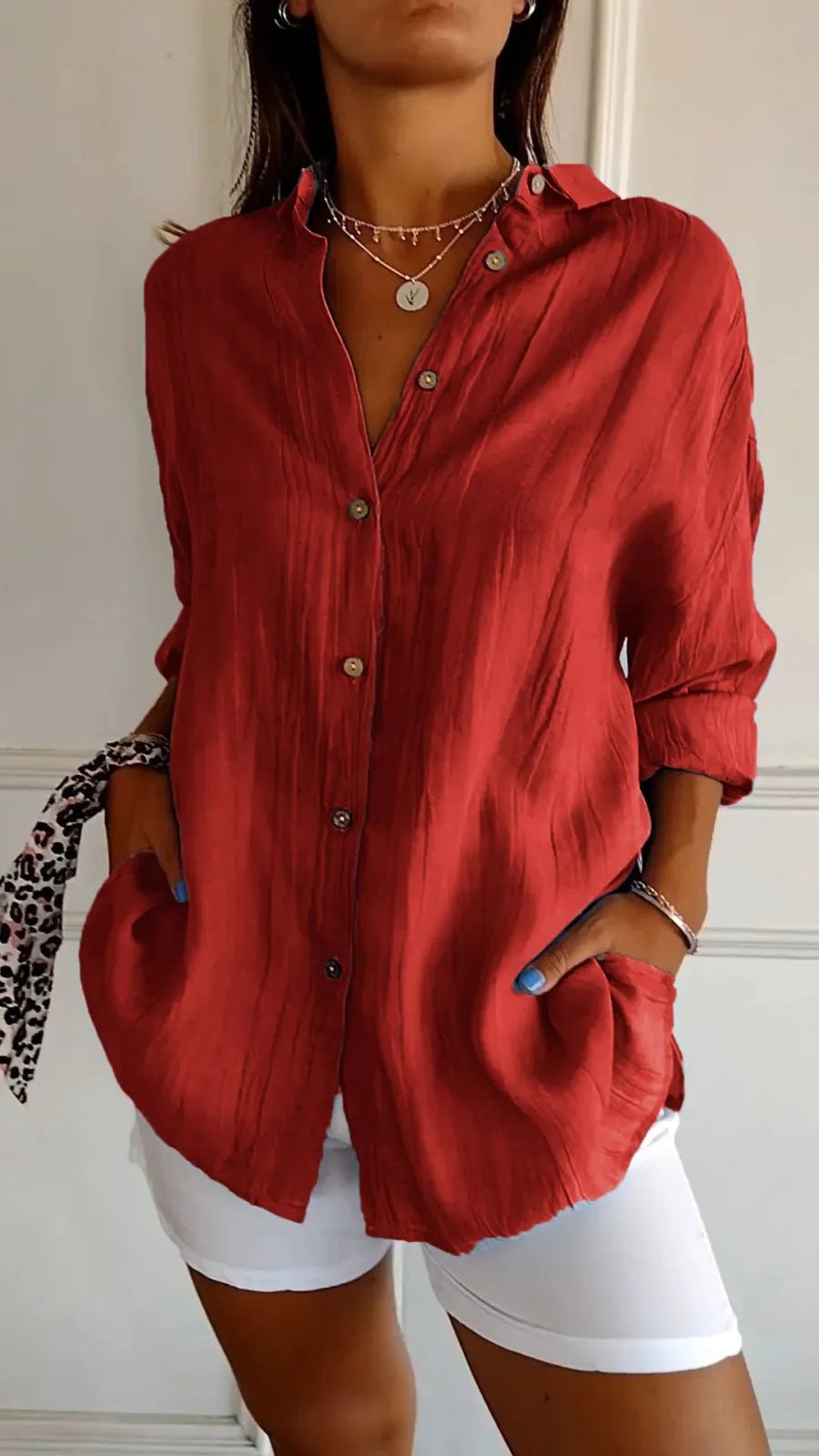 Lapel Long Sleeve Shirt Women's Single-breasted Pleated Shirt Tops Clothing by null