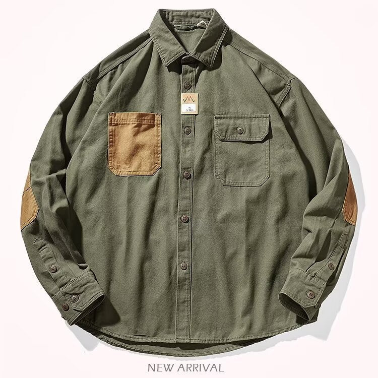 Men Clothing Sleeve Stick Cloth Washed Cotton Long-sleeved Shirt Men's Daily Tooling Retro Trend Youth Shirt Coat by null