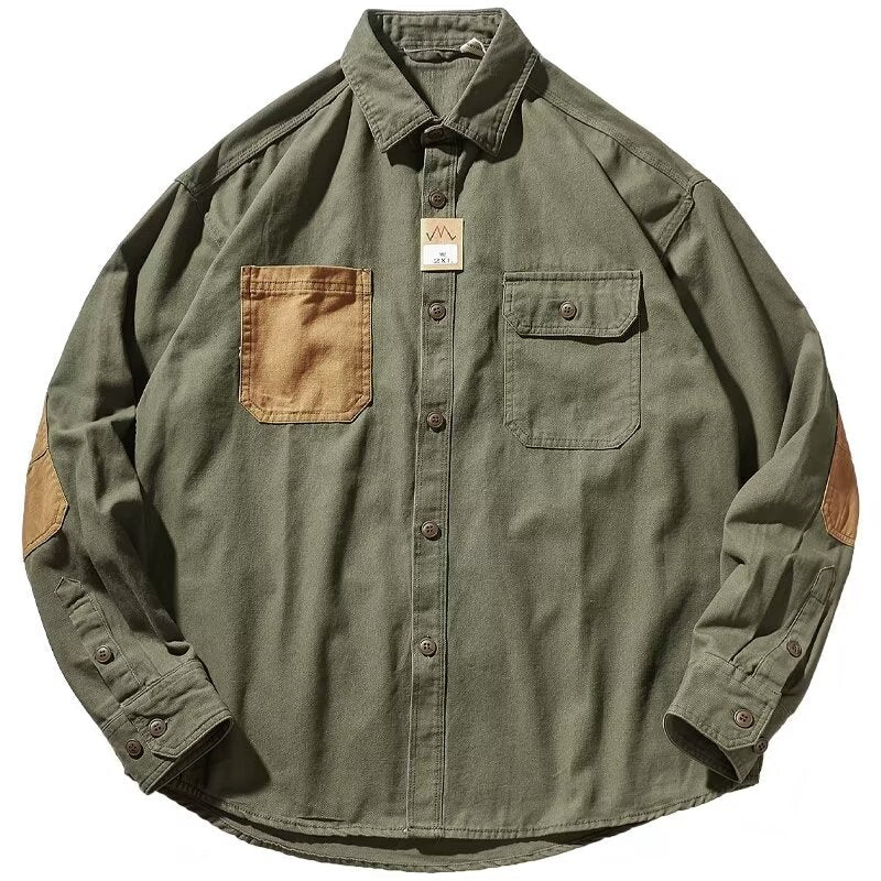 Men Clothing Sleeve Stick Cloth Washed Cotton Long-sleeved Shirt Men's Daily Tooling Retro Trend Youth Shirt Coat by null