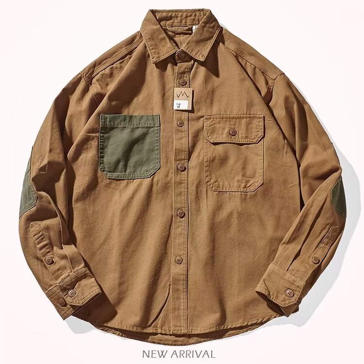 Men Clothing Sleeve Stick Cloth Washed Cotton Long-sleeved Shirt Men's Daily Tooling Retro Trend Youth Shirt Coat by null