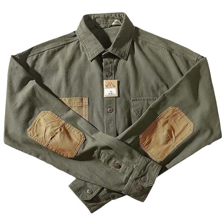 Men Clothing Sleeve Stick Cloth Washed Cotton Long-sleeved Shirt Men's Daily Tooling Retro Trend Youth Shirt Coat by null