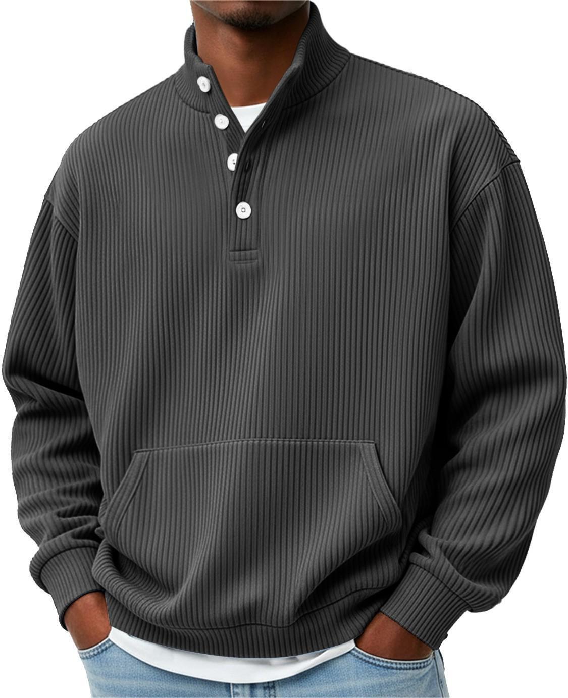 Mens Solid-Color Turtleneck Casual Long-Sleeve Polo Sweatshirt With Pockets For Men Spring Autumn Clothing Loose Button Polo Collar Tees Tops Man Outwear by null