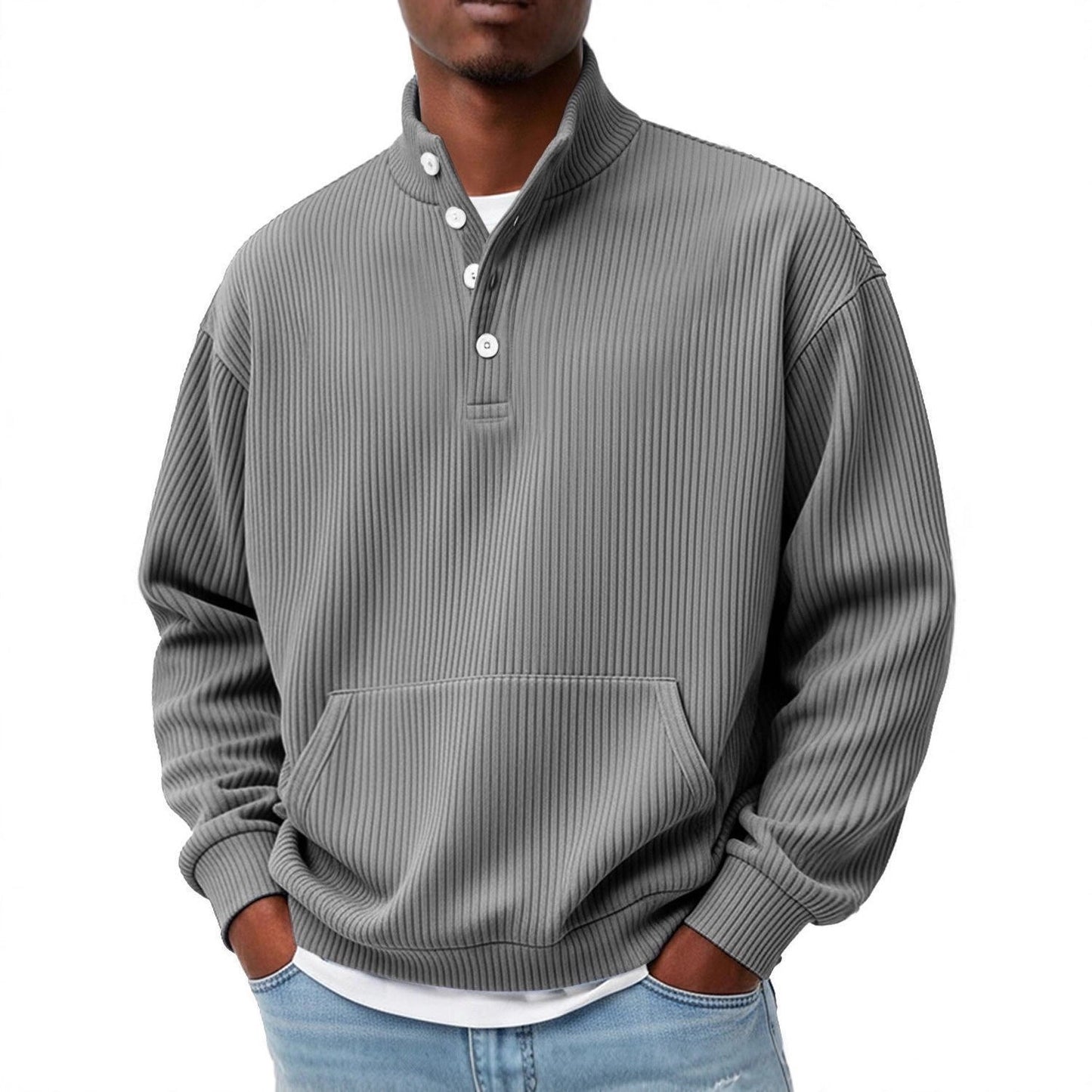 Mens Solid-Color Turtleneck Casual Long-Sleeve Polo Sweatshirt With Pockets For Men Spring Autumn Clothing Loose Button Polo Collar Tees Tops Man Outwear by null
