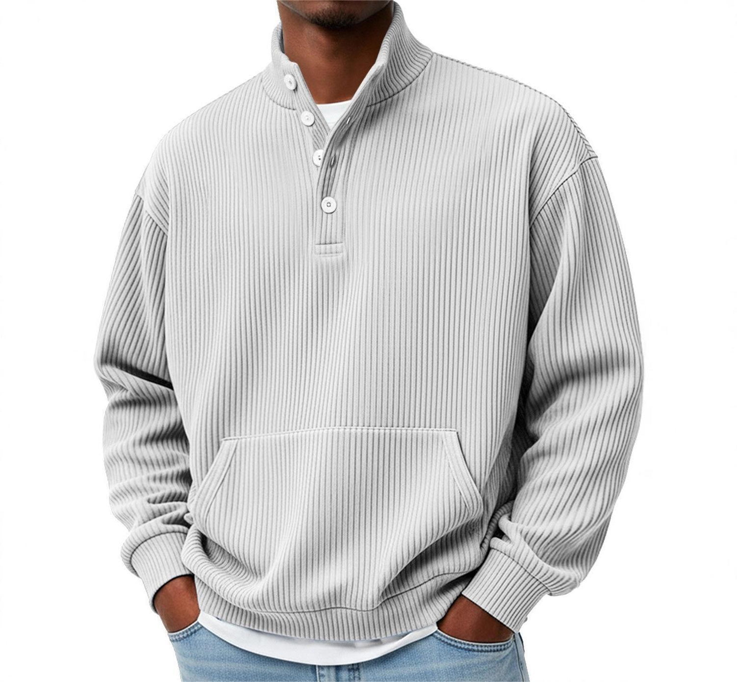 Mens Solid-Color Turtleneck Casual Long-Sleeve Polo Sweatshirt With Pockets For Men Spring Autumn Clothing Loose Button Polo Collar Tees Tops Man Outwear by null