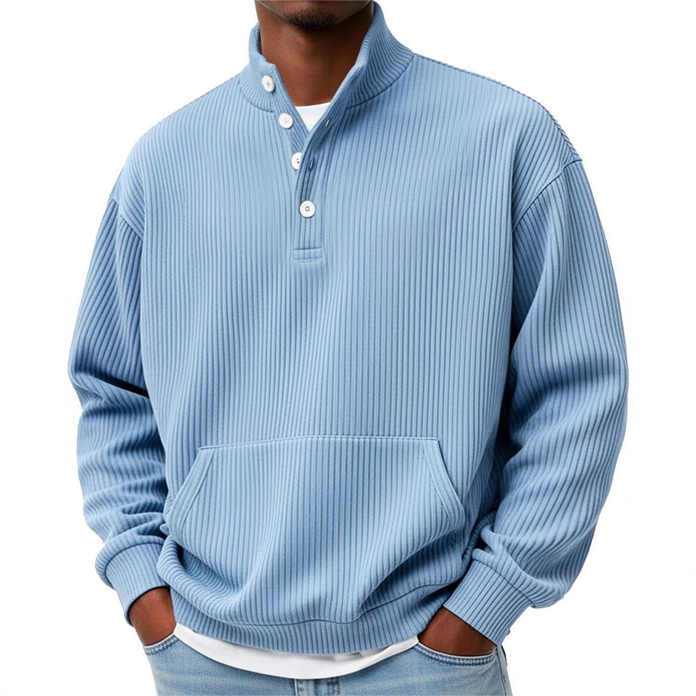 Mens Solid-Color Turtleneck Casual Long-Sleeve Polo Sweatshirt With Pockets For Men Spring Autumn Clothing Loose Button Polo Collar Tees Tops Man Outwear by null