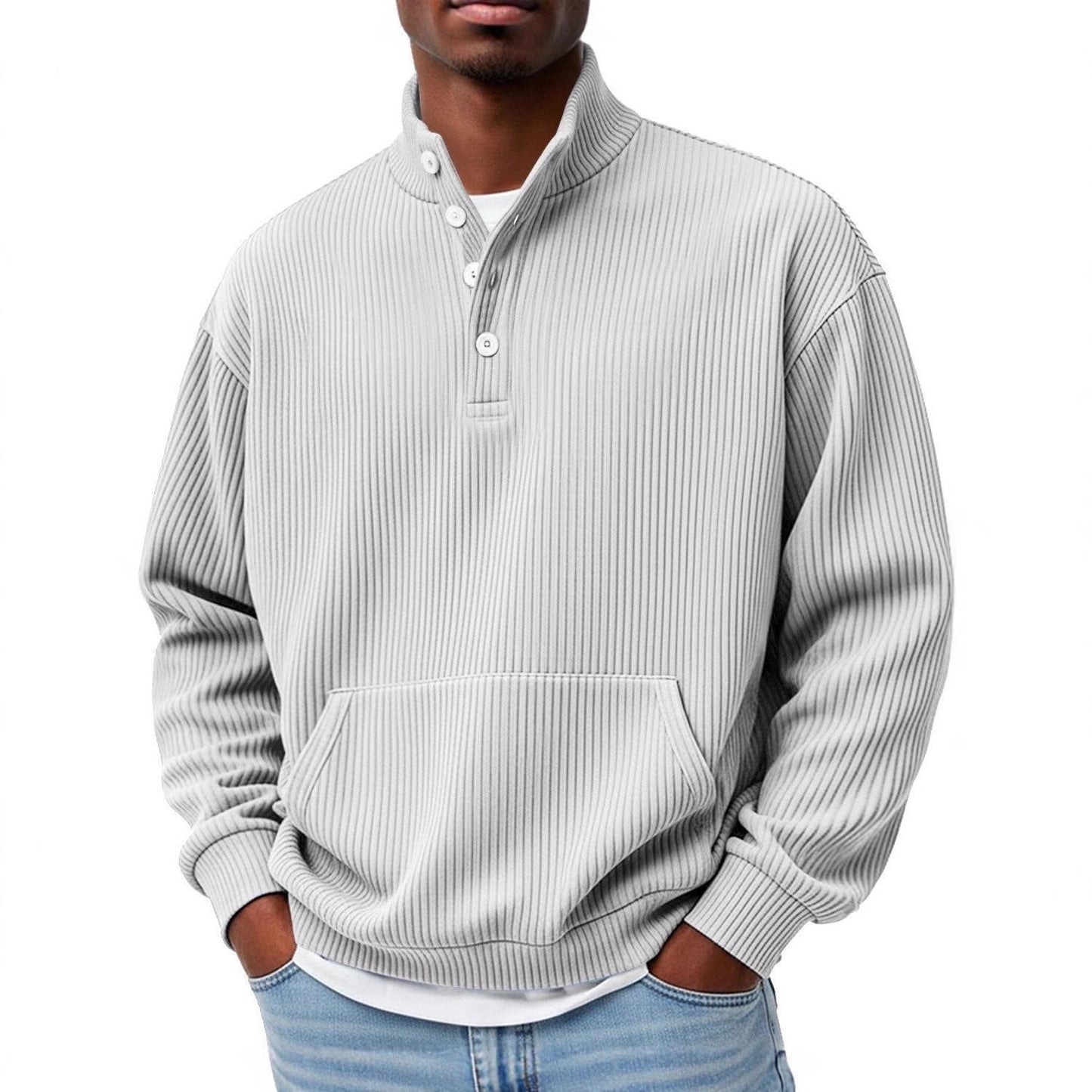 Mens Solid-Color Turtleneck Casual Long-Sleeve Polo Sweatshirt With Pockets For Men Spring Autumn Clothing Loose Button Polo Collar Tees Tops Man Outwear by null