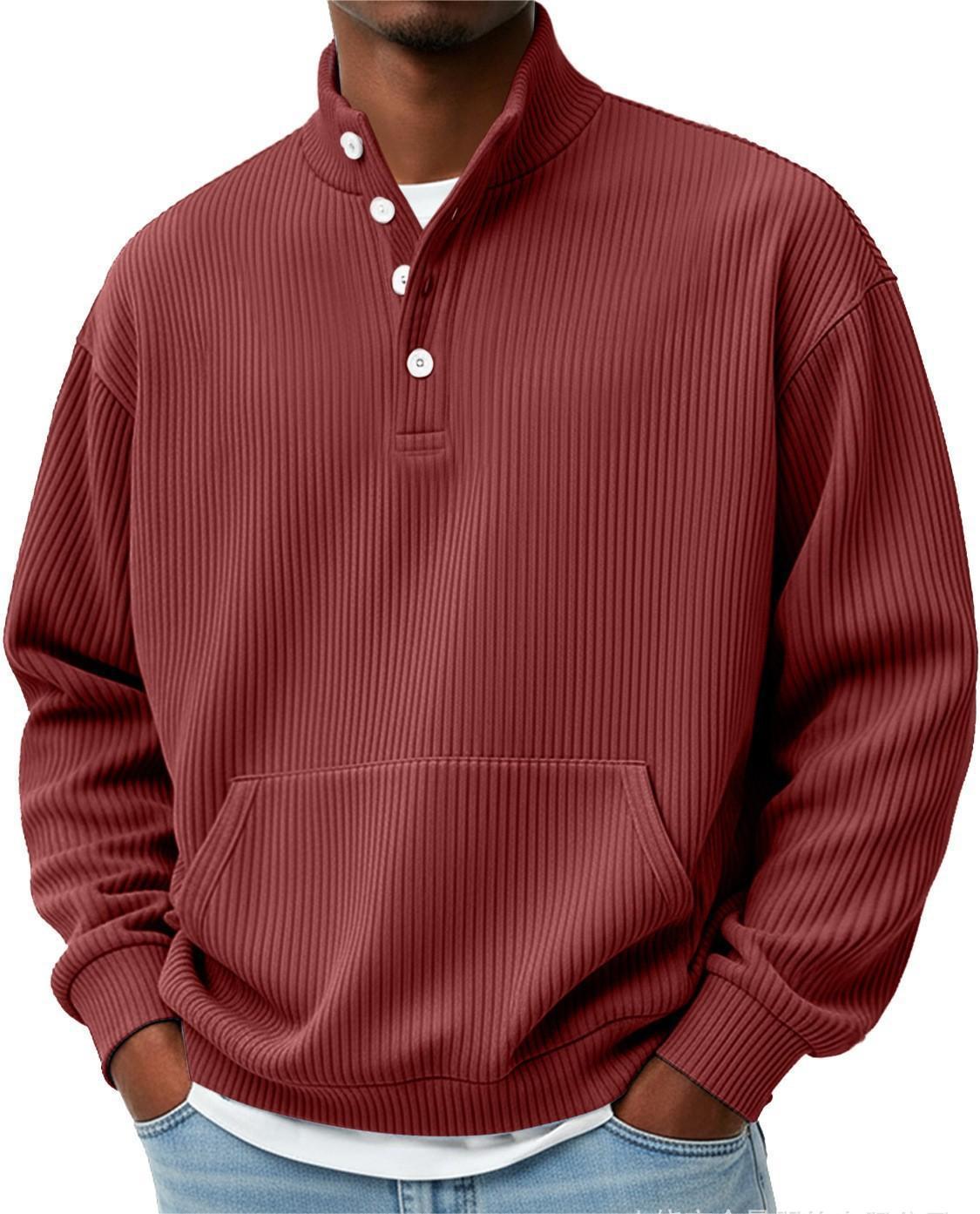 Mens Solid-Color Turtleneck Casual Long-Sleeve Polo Sweatshirt With Pockets For Men Spring Autumn Clothing Loose Button Polo Collar Tees Tops Man Outwear by null