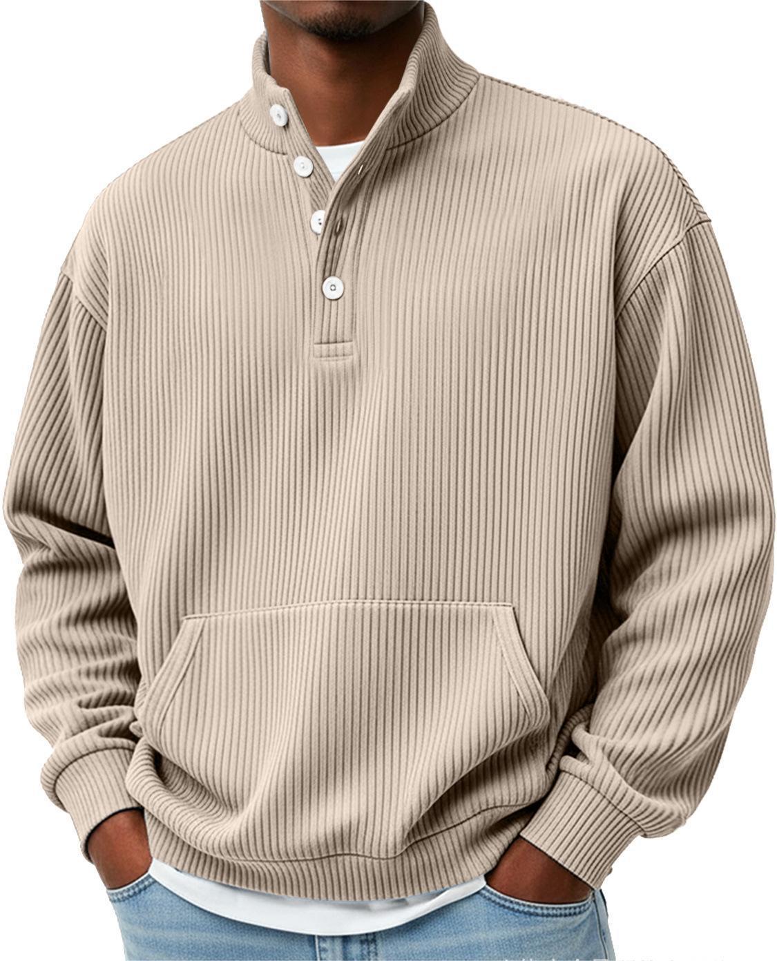 Mens Solid-Color Turtleneck Casual Long-Sleeve Polo Sweatshirt With Pockets For Men Spring Autumn Clothing Loose Button Polo Collar Tees Tops Man Outwear by null