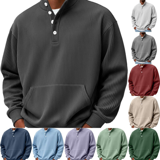 Mens Solid-Color Turtleneck Casual Long-Sleeve Polo Sweatshirt With Pockets For Men Spring Autumn Clothing Loose Button Polo Collar Tees Tops Man Outwear by null
