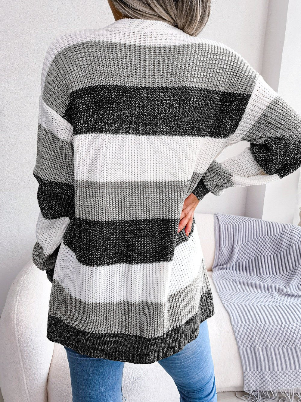 Plaid Sweater Women Casual Lantern Sleeves Cardigan Jacket Outerwear Clothes by null